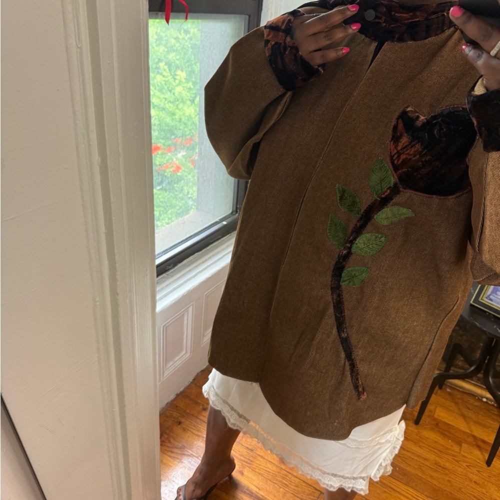 Brown Denim maximalist flower zip up velvet patch work bomber jacket - Picture 13 of 16